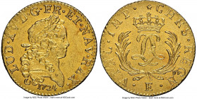 Louis XV gold Louis d'Or Mirliton 1724-E AU Details (Saltwater Damage) NGC, Tours mint, KM470.6, Gad-339 (R), Dup-1638. Large palms variety. A seeming...