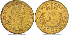 Louis XV gold Louis d'Or Mirliton 1724-G UNC Details (Saltwater Damage) NGC, Poitiers mint, KM470.7, Gad-339 (R), Dup-1638. Large palms variety. From ...