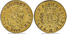 Louis XV gold Louis d'Or Mirliton 1724-H UNC Details (Saltwater Damage) NGC, La Rochelle mint, KM470.8, Gad-339 (R), Dup-1638. Large palms variety. At...