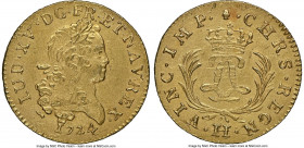 Louis XV gold Louis d'Or Mirliton 1724-H UNC Details (Saltwater Damage) NGC, La Rochelle mint, KM470.8, Gad-339 (R), Dup-1638. Large palms variety. Ha...