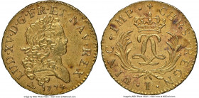 Louis XV gold Louis d'Or Mirliton 1724-I MS61 NGC, Limoges mint, KM470.9, Gad-339 (R2), Dup-1638. Large palms variety. From the 1725 Le Chameau shipwr...