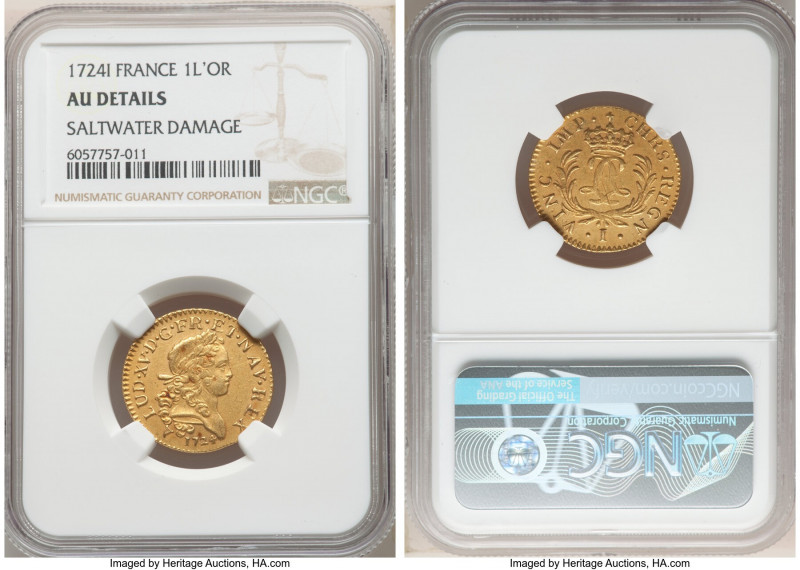 Louis XV gold Louis d'Or Mirliton 1724-I AU Details (Saltwater Damage) NGC, Limo...