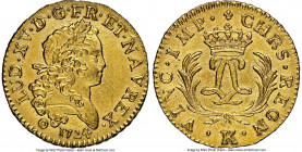 Louis XV gold Louis d'Or Mirliton 1724-K UNC Details (Saltwater Damage) NGC, Bordeaux mint, KM470.10, Gad-339, Dup-1638. Large palms variety. By all a...
