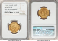 Louis XV gold Louis d'Or Mirliton 1724-K AU Details (Saltwater Damage) NGC, Bordeaux mint, KM470.10, Gad-339, Dup-1638. From the 1725 Le Chameau shipw...