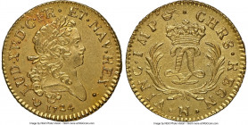 Louis XV gold Louis d'Or Mirliton 1724-N MS62 NGC, Montpellier mint, KM470.13, Gad-339 (R), Dup-1638, L4L-466 (R2). Large palms variety. A coin whose ...