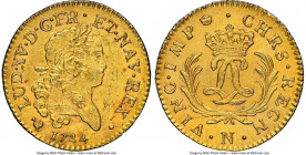 Louis XV gold Louis d'Or Mirliton 1724-N UNC Details (Saltwater Damage) NGC, Montpellier mint, KM470.13, Gad-339 (R), Dup-1638, L4L-466 (R2). Large pa...