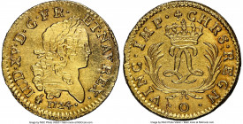 Louis XV gold Louis d'Or Mirliton 1724-O AU Details (Harshly Cleaned) NGC, Riom mint, KM470.14, Gad-339 (R), Dup-1638. Large palms variety. Seemingly ...