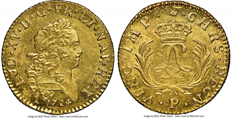 Louis XV gold Louis d'Or Mirliton 1724-P MS61 NGC, Dijon mint, KM470.15, Gad-339...