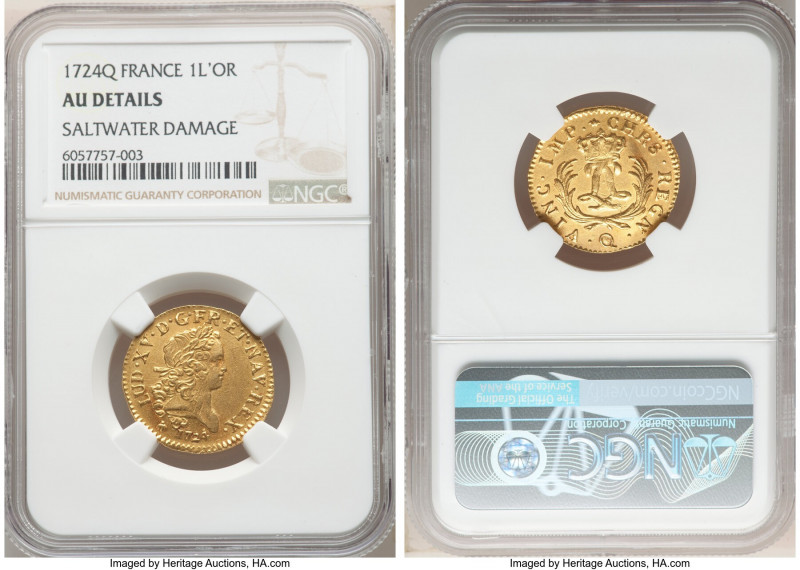 Louis XV gold Louis d'Or Mirliton 1724-Q AU Details (Saltwater Damage) NGC, Perp...