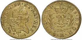 Louis XV gold Louis d'Or Mirliton 1724-R UNC Details (Cleaned) NGC, Orleans mint, KM470.17, Gad-339 (R2), Dup-1638. Large palms variety. Razor-sharp d...