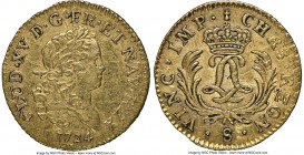 Louis XV gold Louis d'Or Mirliton 1724-S AU55 NGC, Reims mint, KM470.18, Gad-339 (R2), Dup-1638. Large palms variety. A generally scarce issue, and on...