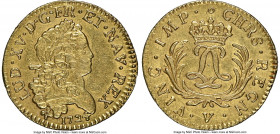 Louis XV gold Louis d'Or Mirliton 1724-V AU55 NGC, Troyes mint, cf. KM470.20 (date unlisted), Gad-339 (R2), Dup-1638, L4L-466 (R2). Large palms variet...