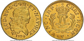Louis XV gold Louis d'Or Mirliton 1724-V AU Details (Saltwater Damage) NGC, Troyes mint, cf. KM470.20 (date unlisted), Gad-339 (R2), Dup-1638, L4L-466...