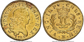 Louis XV gold Louis d'Or Mirliton 1724-)( AU Details (Saltwater Damage) NGC, Besançon mint, KM-Unl., Gad-339 (R2), Dup-1638, L4L-466 (R2). Large palms...