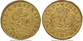 Louis XV gold Louis d'Or Mirliton 1724-(9) MS61 NGC, Rennes mint, KM470.25, Gad-339 (R), Dup-1638. Large palms variety. From the 1725 Le Chameau shipw...