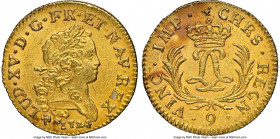 Louis XV gold Louis d'Or Mirliton 1724-(9) AU Details (Saltwater Damage) NGC, Rennes mint, KM470.25, Gad-339 (R), Dup-1638. Large palms variety. From ...