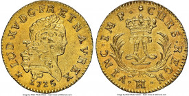 Louis XV gold Louis d'Or Mirliton 1725-H UNC Details (Saltwater Damage) NGC, La Rochelle mint, KM470.8, Gad-339 (R), Dup-1638. Large palms variety. Ex...