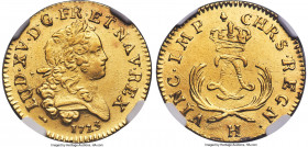 Louis XV gold Louis d'Or Mirliton 1725-H AU Details (Environmental Damage) NGC, La Rochelle mint, cf. KM470.8 (only listed for grandes palmes), Gad-Un...
