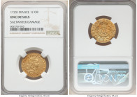 Louis XV gold Louis d'Or Mirliton 1725-I UNC Details (Saltwater Damage) NGC, Limoges mint, KM470.9, Gad-339 (R3), Dup-1638. Large palms variety. From ...