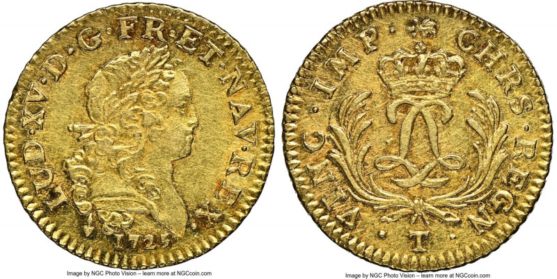 Louis XV gold Louis d'Or Mirliton 1725-T AU58 NGC, Nantes mint, cf. KM470.19 (da...