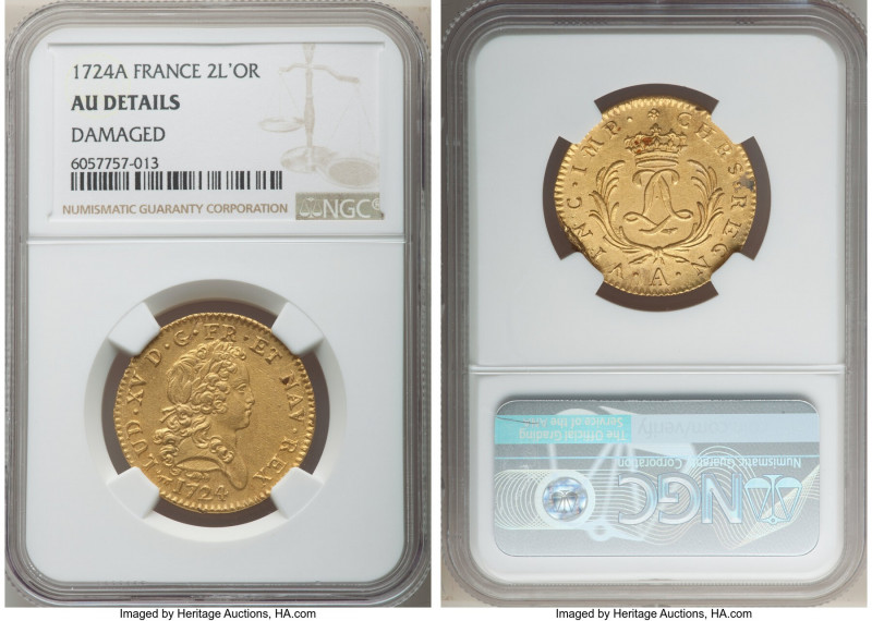 Louis XV gold 2 Louis d'Or Mirliton 1724-A AU Details (Damaged) NGC, Paris mint,...