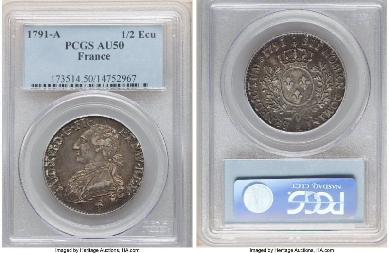 Louis XVI 1/2 Ecu 1791-A AU50 PCGS, Paris mint, KM562.1, Gad-355. Draped in inte...