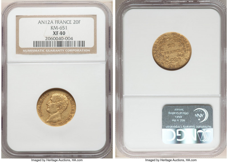 Napoleon gold 20 Francs L'An 12 (1803/1804)-A XF40 NGC, Paris mint, KM651, Gad-1...