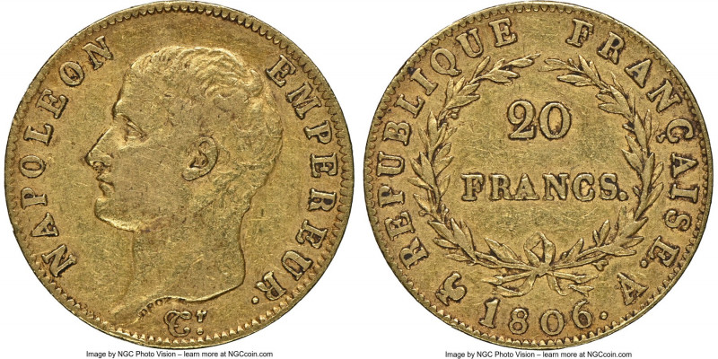 Napoleon gold 20 Francs 1806-A AU50 NGC, Paris mint, KM674.1. Bold motifs with a...