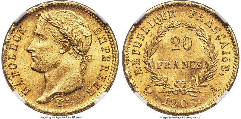 Napoleon gold 20 Francs 1808-A MS65+ NGC, Paris mint, KM687.1, Gad-1024, F-515/2...