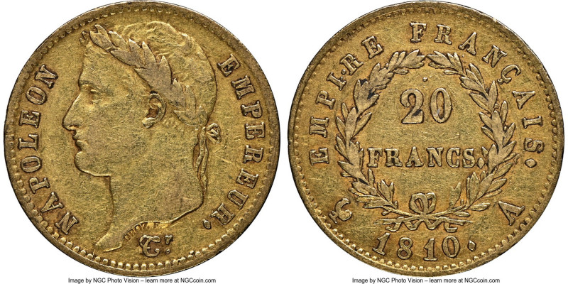 Napoleon gold 20 Francs 1810-A XF45 NGC, Paris mint, KM695.1. Well struck, prese...