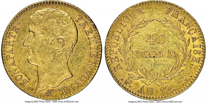 Napoleon gold 40 Francs L'An 12 (1803/1804)-A AU55 NGC, Paris mint, KM652. A sou...