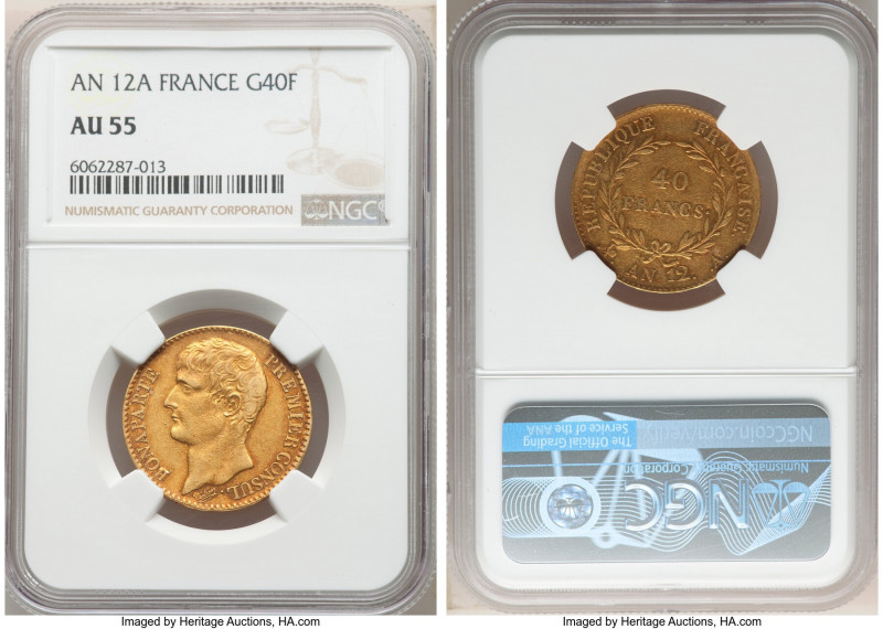 Napoleon gold 40 Francs L'An 12 (1803/1804)-A AU55 NGC, Paris mint, KM652. Two-y...