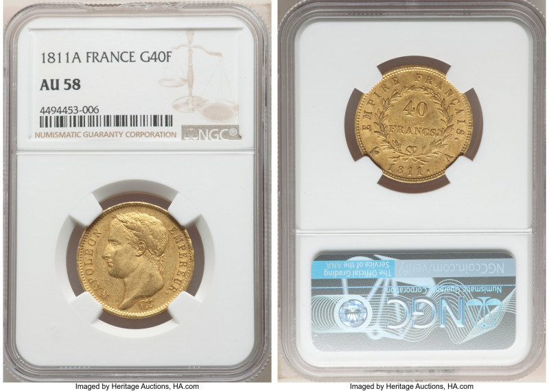 Napoleon gold 40 Francs 1811-A AU58 NGC, Paris mint, KM696.1. A near Mint State ...