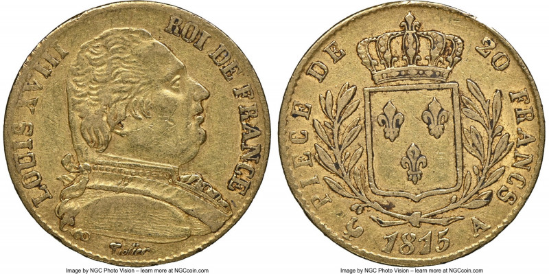 Louis XVIII gold 20 Francs 1815-A AU55 NGC, Paris mint, KM706.1. Full-defined mo...