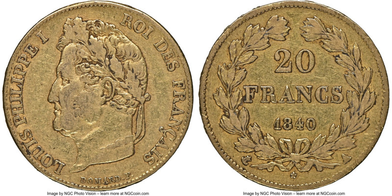 Louis Philippe I gold 20 Francs 1840-A XF45 NGC, Paris mint, KM750.1. Pale gold ...