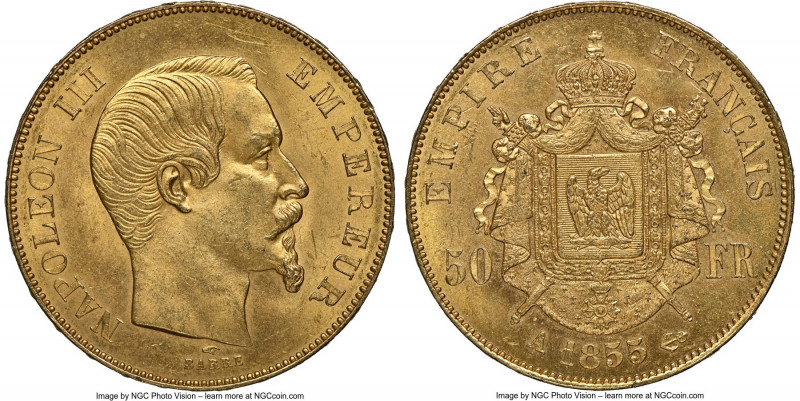 Napoleon III gold 50 Francs 1855-A MS64+ NGC, Paris mint, KM785.1, Fr-569. Bold ...