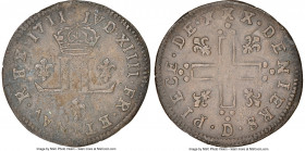 Louis XIV 30 Deniers (Mousquetaire) 1711-D AU Details (Environmental Damage) NGC, Lyon mint, KM378.2, Vlack-3 (R2). A covetable French Colonies billon...