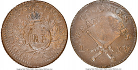Guadeloupe. Louis XV Counterstamped 3 Sols 9 Deniers ND (1793) AU58 Brown NGC, KM1. C/S (UNC Strong). Overstruck on a Paris-minted 12 Deniers of Louis...