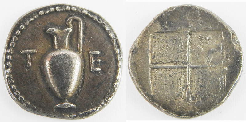 MACEDOINE – TERONE vers 480-450. Tétrobole, argent. 2,23g.
Av. Légende T-E. Oino...