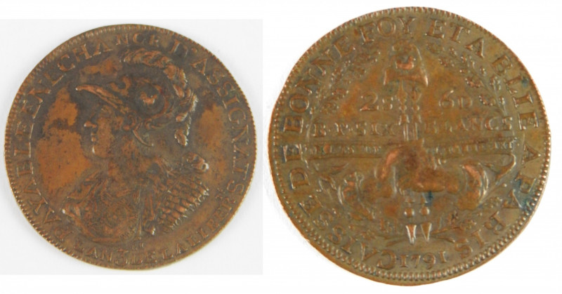 LOUIS XVI : monnaies de confiance 6 blancs de Montagny 1791.