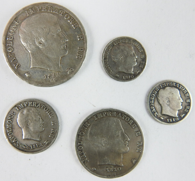 NAPOLEON roi d’Italie : Monnaies argent 2 lire 1811 – 1 lire 1810 – 10 soldi 181...