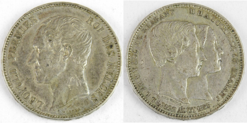 Belgique. Léopold Ier / Duc et duchesse de Brabant. Monnaie argent 5 francs 1853...