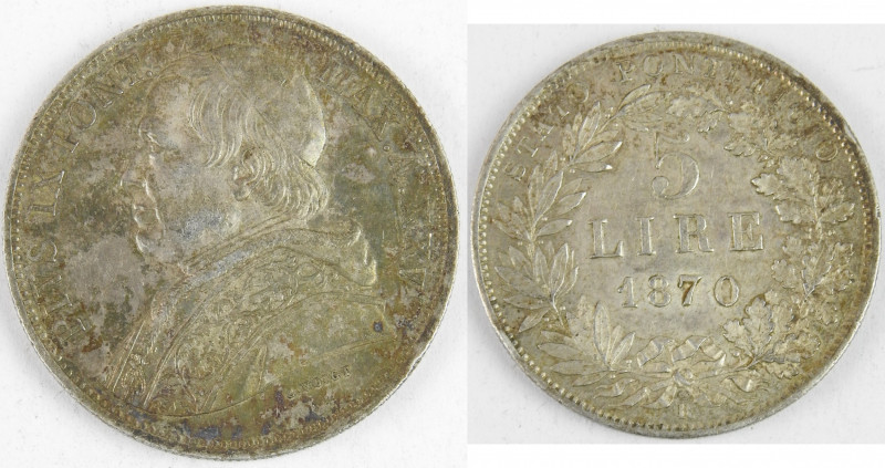 ETATS DU VATICAN. Pie IX : 5 lire 1870. En l’état