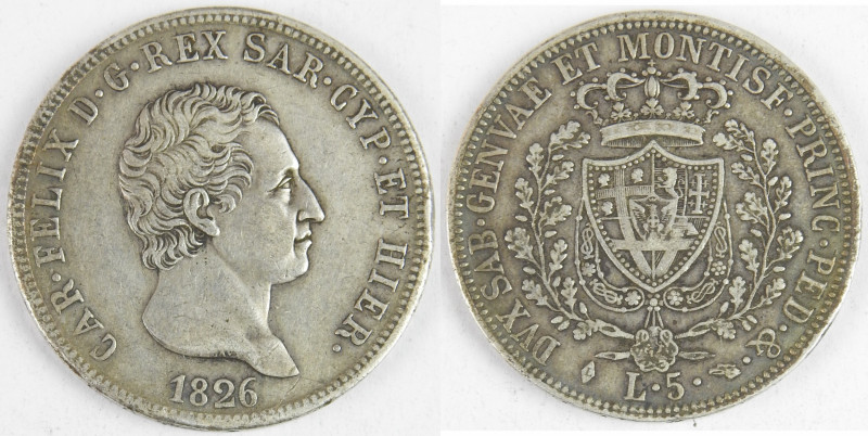 ROYAUME DE SARDAIGNE. Charles-Félix : monnaie argent 5 lires 1826. En l’état...