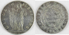 REPUBLIQUE SUBALPINE : Monnaie 5 Francs AN 10. Turin en argent. Poids : 24,81gr. En l'état