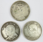 CHINE : 3 pièces argent One dollar Sun Yat-Sen' et Yuan Shikai. Poids total : 80.60 gr