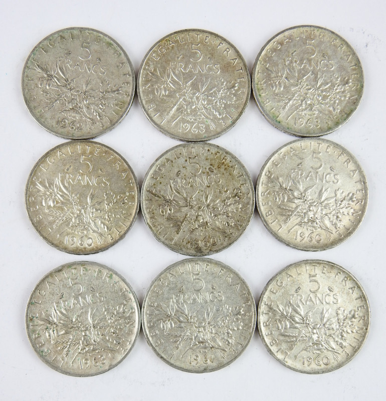 FRANCE. Lot de 9 monnaies argent 5 francs semeuse. Poids total : 108 gr