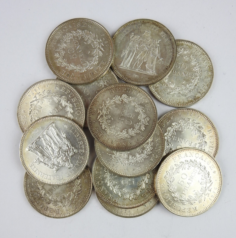 FRANCE : Lot de 13 monnaies argent 50 francs hercule. Poids total : 390.45 gr