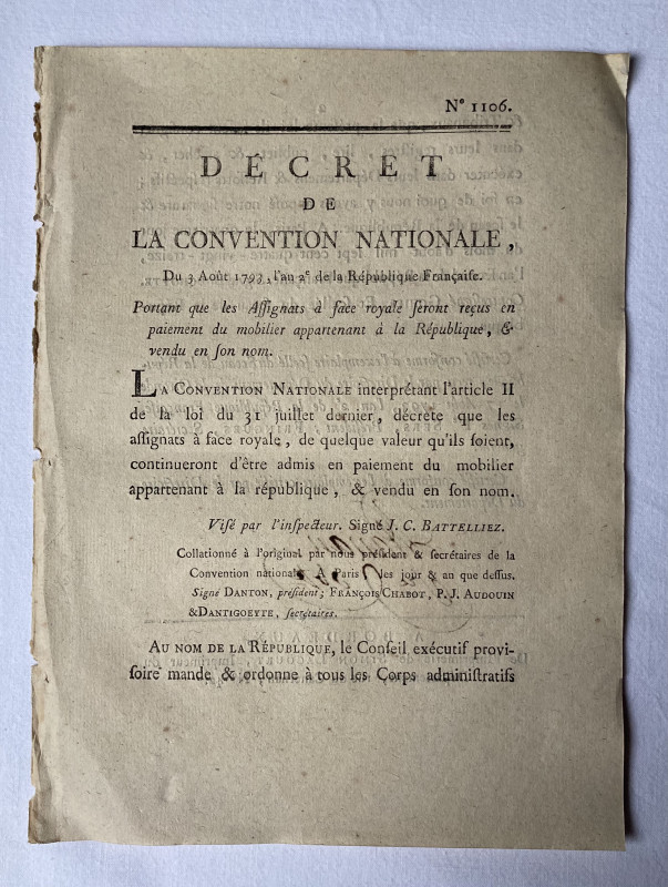 Décret nº1106 de la convention nationale du 3 août 1793 portant que les assignat...