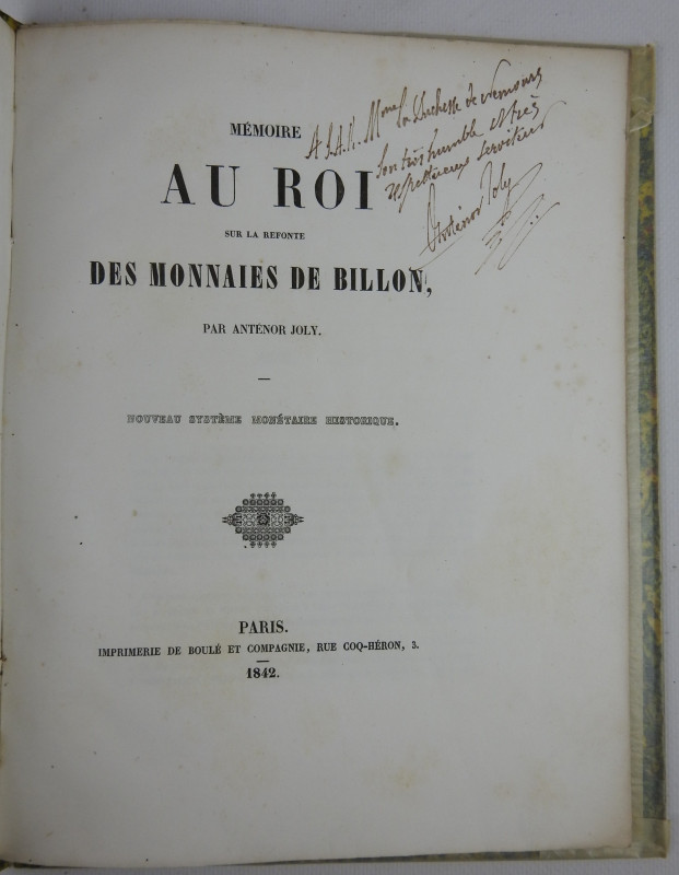 JOLY Anténor, Mémoire au Roi sur la refonte des Monnaies de Billon, Nouveau syst...